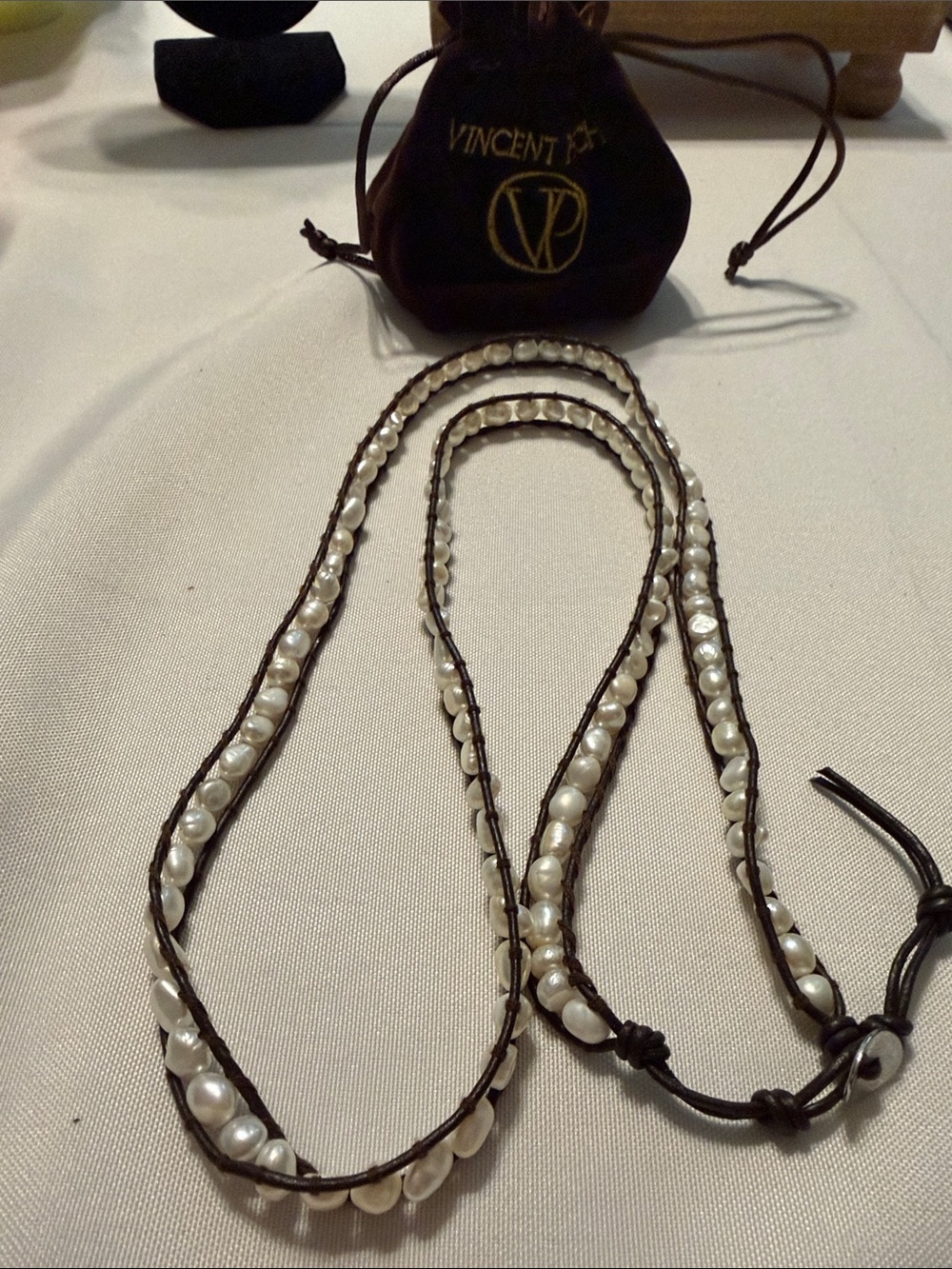 Vincent Peach Freshwater Pearl Leather Necklace 32”
